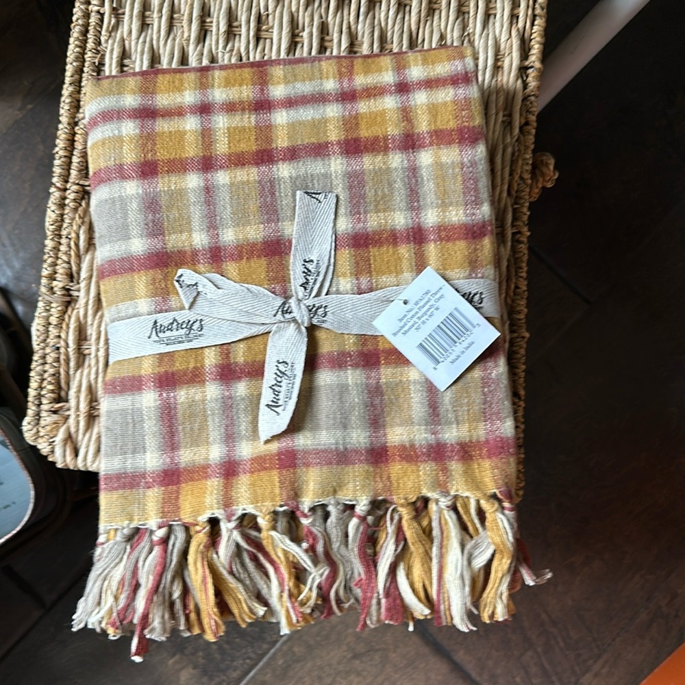 Brushed cotton flannel throw mustard burgundy and gray.